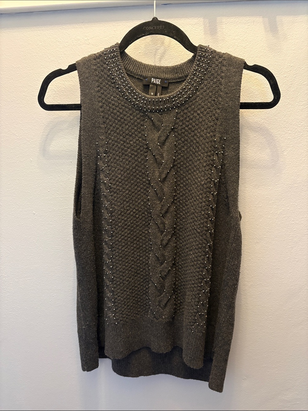 PAIGE Charcoal Beaded Cable-Knit Sleeveless Crewneck Sweater